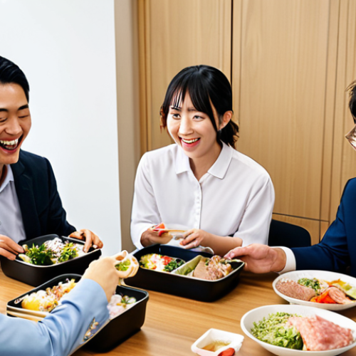 Home 19 **
Prompt: A group of diverse professionals joyfully collaborating in a modern, bright Japanese office. Some are speaking Japanese, others are using laptops. Subtle visual cues suggest successful teamwork and integration within a Japanese corporate environment, for example a team eating together bento boxes for lunch.
**