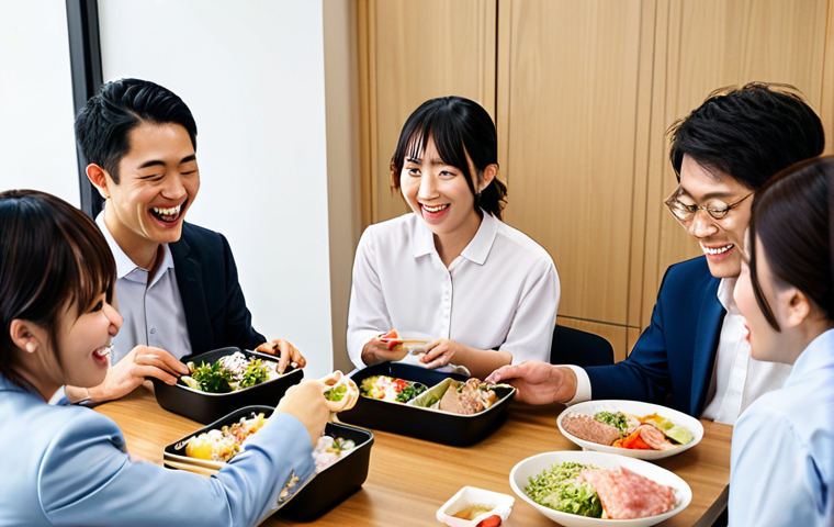 **

Prompt: A group of diverse professionals joyfully collaborating in a modern, bright Japanese office. Some are speaking Japanese, others are using laptops. Subtle visual cues suggest successful teamwork and integration within a Japanese corporate environment, for example a team eating together bento boxes for lunch.

**