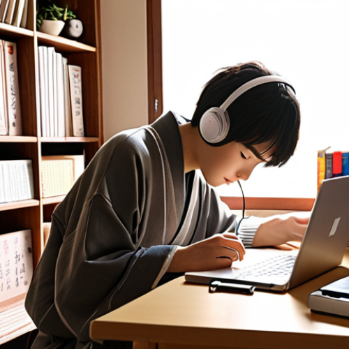 Home 18 **Prompt 1: Immersive Japanese Study at Home**
A cozy, sunlit study room of an Italian student, adorned with subtle Japanese cultural touches. A young person (male or female, Italian appearance) is actively engaged in learning Japanese, surrounded by open textbooks, manga, and a laptop displaying Japanese content. They hold a flashcard featuring both Japanese kanji and Italian notes. A pair of headphones suggests active listening, and everyday objects in the room are subtly labeled with their Japanese names. The atmosphere is calm, focused, and enjoyable, emphasizing consistent and quality learning through immersion. Realistic, warm lighting, highly detailed.