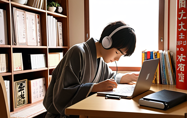 **Prompt 1: Immersive Japanese Study at Home**
A cozy, sunlit study room of an Italian student, adorned with subtle Japanese cultural touches. A young person (male or female, Italian appearance) is actively engaged in learning Japanese, surrounded by open textbooks, manga, and a laptop displaying Japanese content. They hold a flashcard featuring both Japanese kanji and Italian notes. A pair of headphones suggests active listening, and everyday objects in the room are subtly labeled with their Japanese names. The atmosphere is calm, focused, and enjoyable, emphasizing consistent and quality learning through immersion. Realistic, warm lighting, highly detailed.