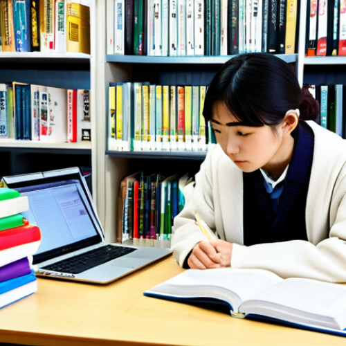 Home 17 Study Environment**
"A focused student, fully clothed in comfortable study attire, sitting at a desk piled with Japanese textbooks and flashcards in a brightly lit, modern library. Open laptop displays Japanese grammar exercises. Books include JLPT preparation guides. Safe for work, appropriate content, professional, perfect anatomy, natural proportions, studying intently."
**