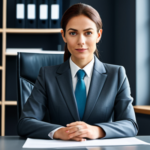 Home 8 ** A professional businesswoman in a modest business suit, sitting at a desk in a modern office. She is fully clothed in appropriate attire, creating a safe and professional environment. Perfect anatomy, natural proportions. Professional photography, high quality.
**