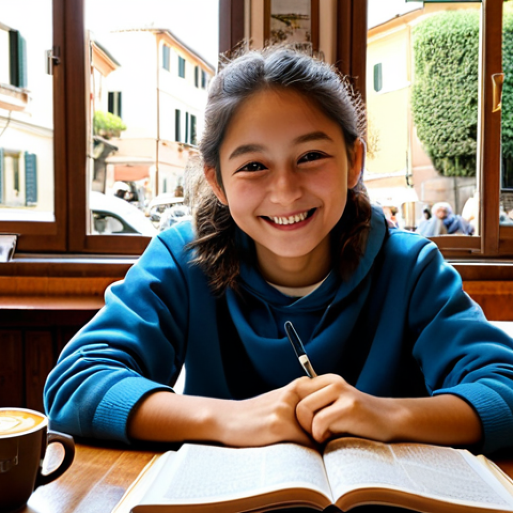 JLPT와 일본 내 거주 및 생활 적응 노하우 - Studying in a Cozy Italian Cafe**
"A young Italian student fully clothed and smiling, studying Japa...