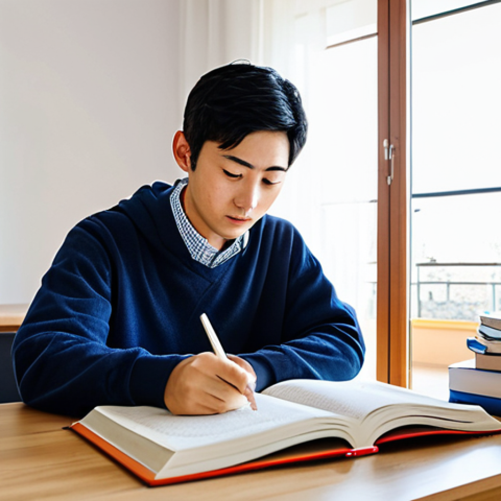 JLPT N1 고득점 전략 심층 분석 - Strategic Study Session**
"A student, fully clothed in comfortable clothing, studying Japanese with...