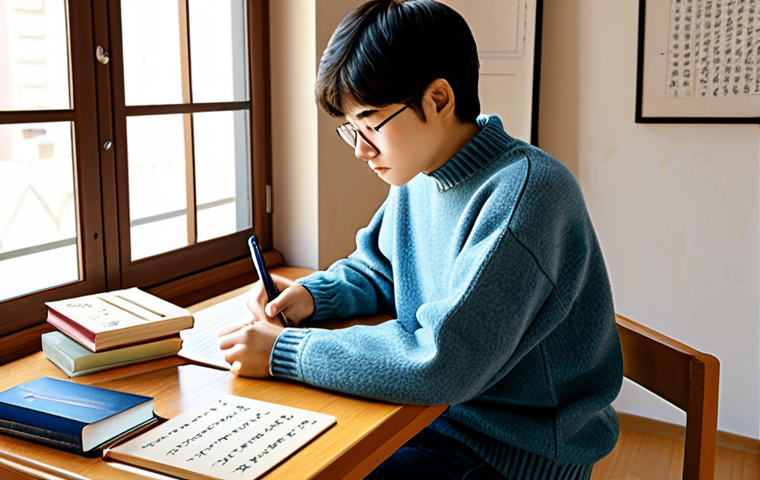 JLPT 시험 경험담 작성하기 - Kanji Study Session**
"A student sitting at a wooden desk in a sunlit Italian apartment, surrounded...