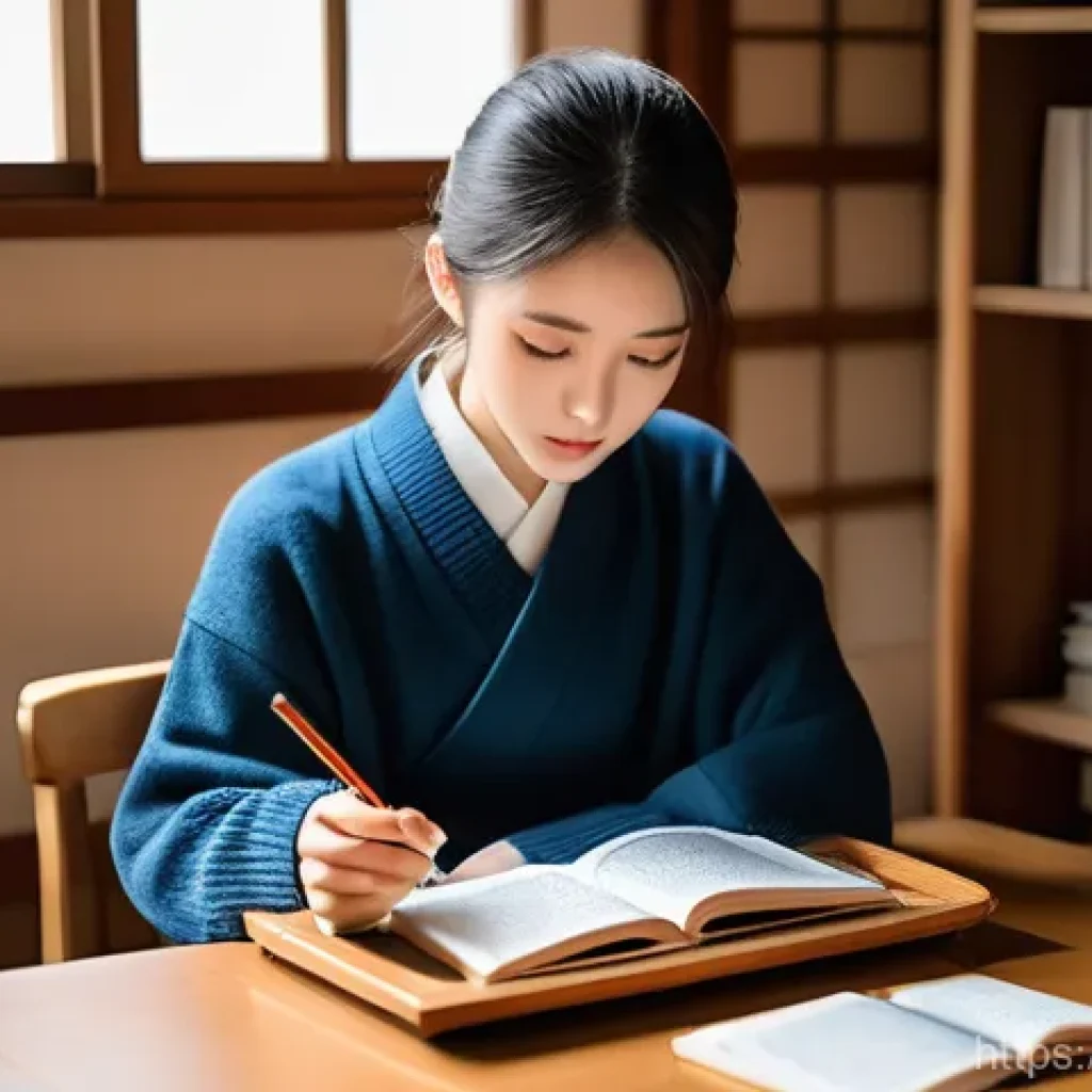 JLPT 시험과 일본 기업 인터뷰 준비 방법 - **A determined young adult, either male or female, deeply focused on studying for the JLPT. The scen...