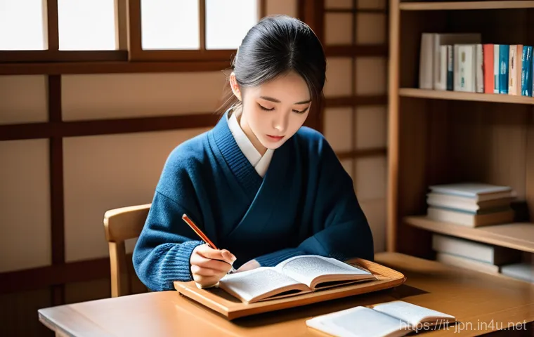 JLPT 시험과 일본 기업 인터뷰 준비 방법 - **A determined young adult, either male or female, deeply focused on studying for the JLPT. The scen...
