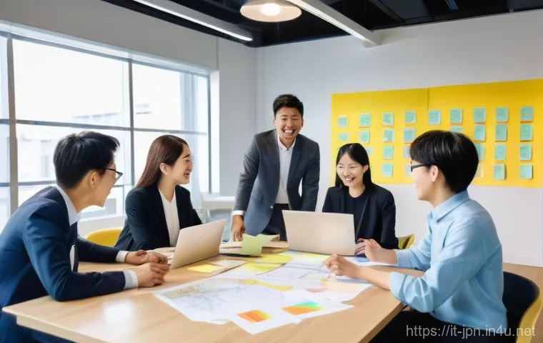 JLPT 취득 후 일본 내 스타트업 도전 사례 - **Prompt:** A diverse group of young professionals, including a non-Japanese person, in a modern, br...