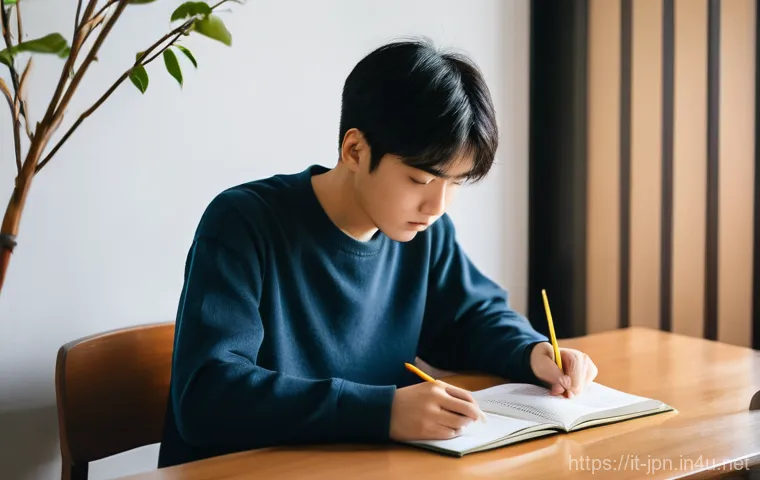 JLPT 시험에서 실수하지 않는 꿀팁 - **Prompt 1: Focused JLPT Grammar Study Session**
"A young person, appearing to be in their late ...