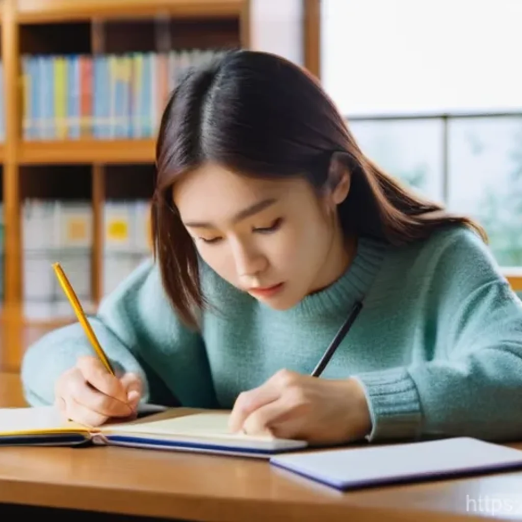 JLPT와 일본어 교수법 연구 성과 - **Prompt:** A young, focused female student, around 20-25 years old, with soft brown hair, is seated...