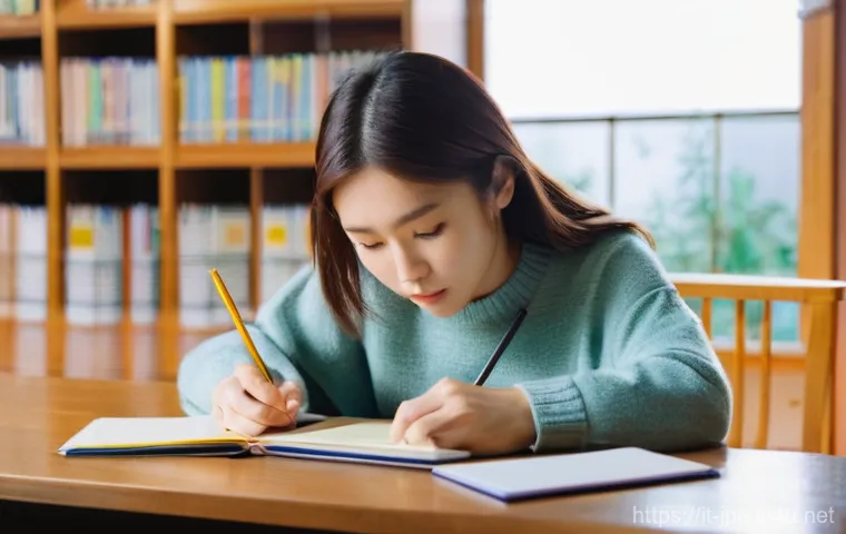 JLPT와 일본어 교수법 연구 성과 - **Prompt:** A young, focused female student, around 20-25 years old, with soft brown hair, is seated...