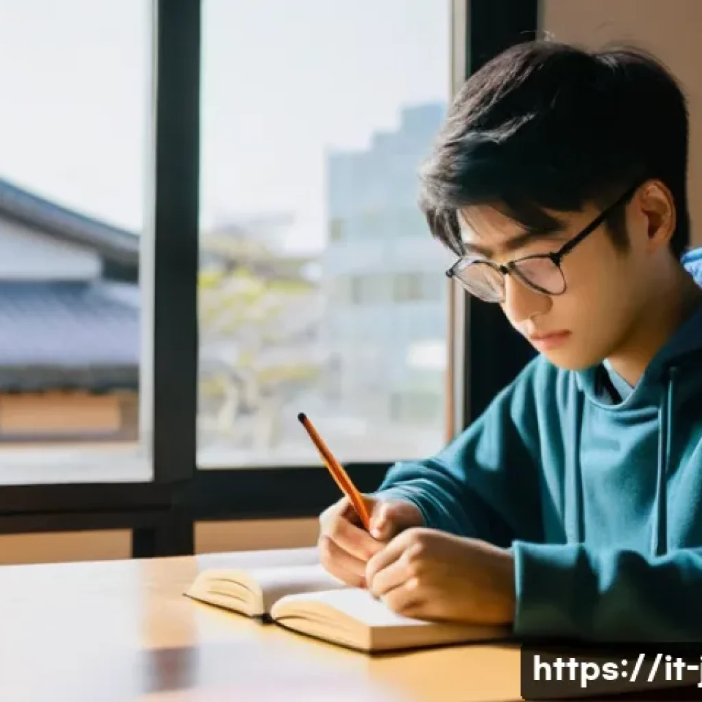 JLPT와 일본어 능력 평가 실기 시험 - **A focused young adult studying Japanese:** A 17-year-old student, dressed in comfortable, fully op...