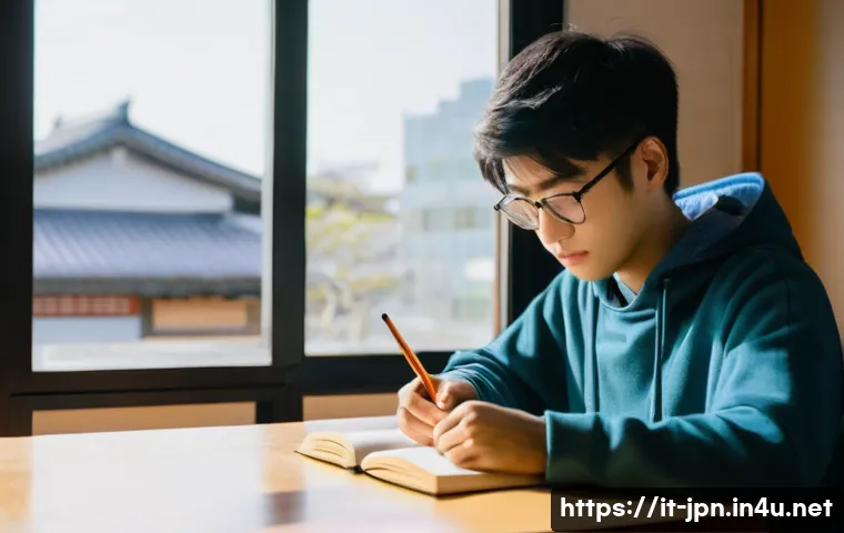 JLPT와 일본어 능력 평가 실기 시험 - **A focused young adult studying Japanese:** A 17-year-old student, dressed in comfortable, fully op...