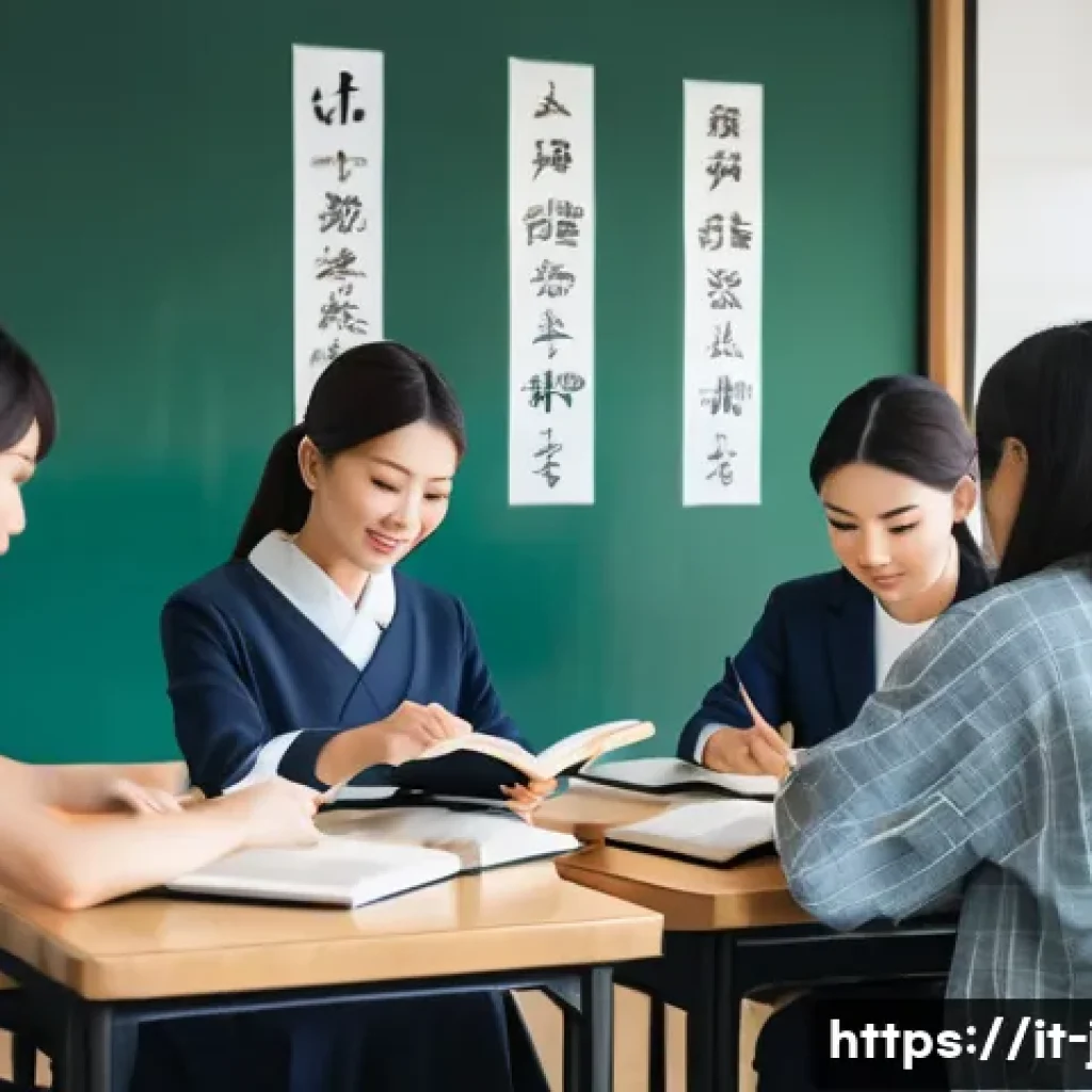 JLPT 시험 난이도 변화 추이 - A modern Japanese language classroom scene featuring adult students of diverse ethnicities attentive...