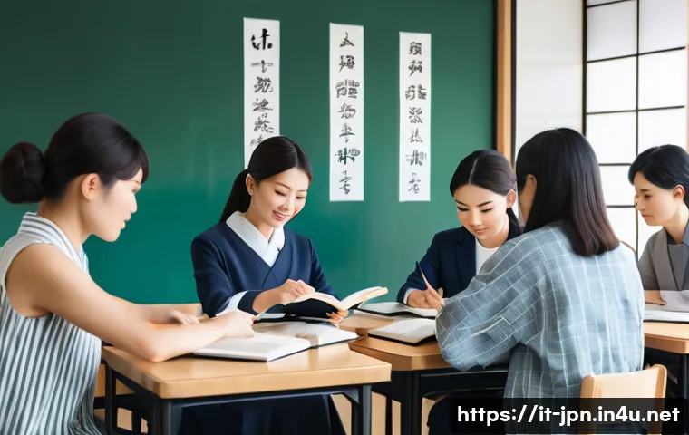 JLPT 시험 난이도 변화 추이 - A modern Japanese language classroom scene featuring adult students of diverse ethnicities attentive...