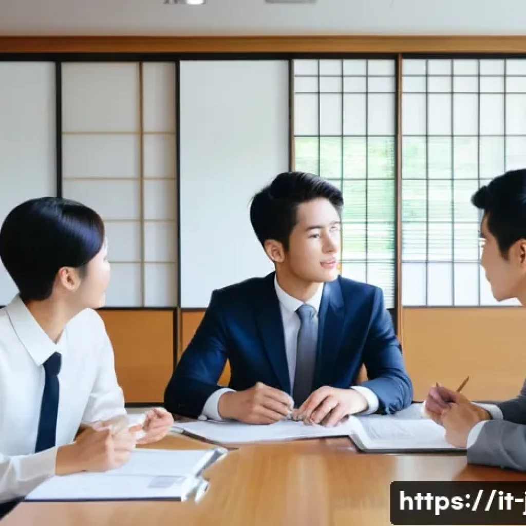 JLPT N2 취득 후 일본 취업 성공 스토리 - A professional Japanese office scene showing a diverse group of young adults collaborating harmoniou...