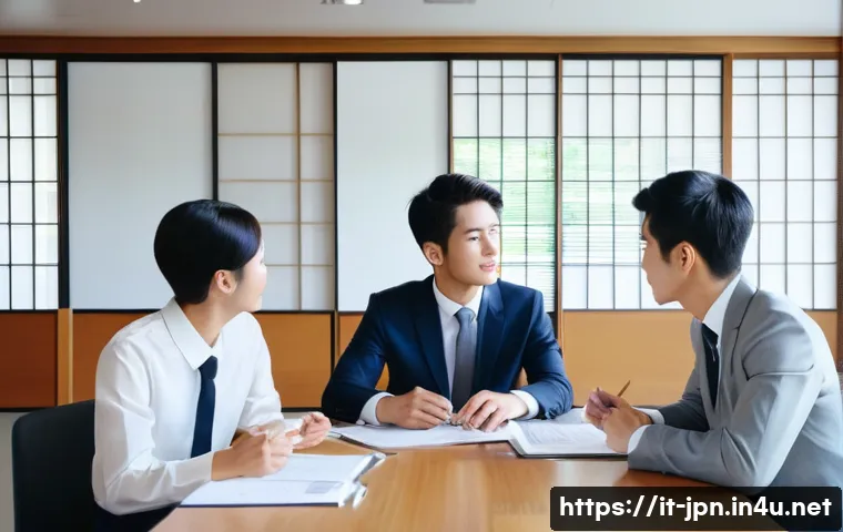 JLPT N2 취득 후 일본 취업 성공 스토리 - A professional Japanese office scene showing a diverse group of young adults collaborating harmoniou...
