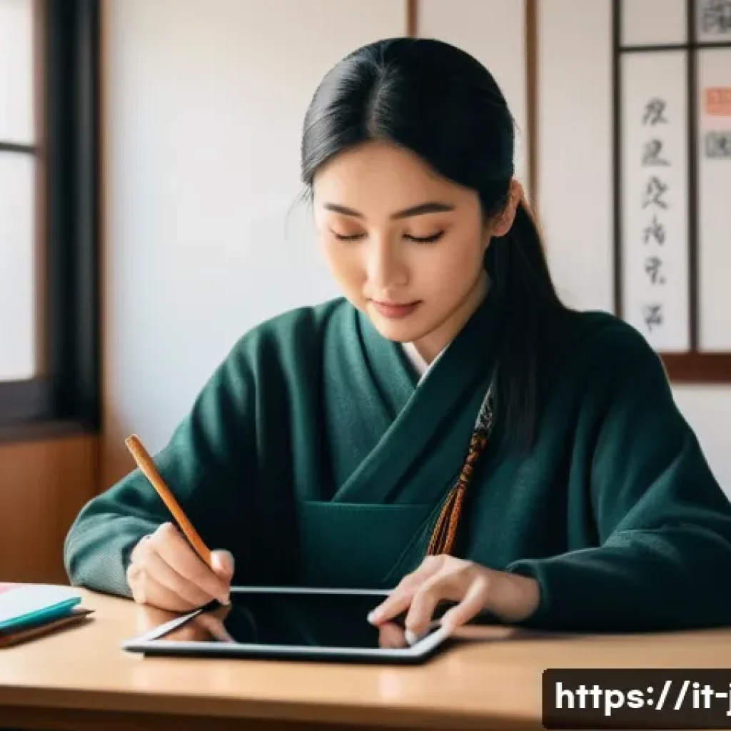 JLPT와 일본어 교육 연구 프로젝트 사례 - A modern digital classroom scene showing an Italian adult student using a tablet with a Japanese lan...
