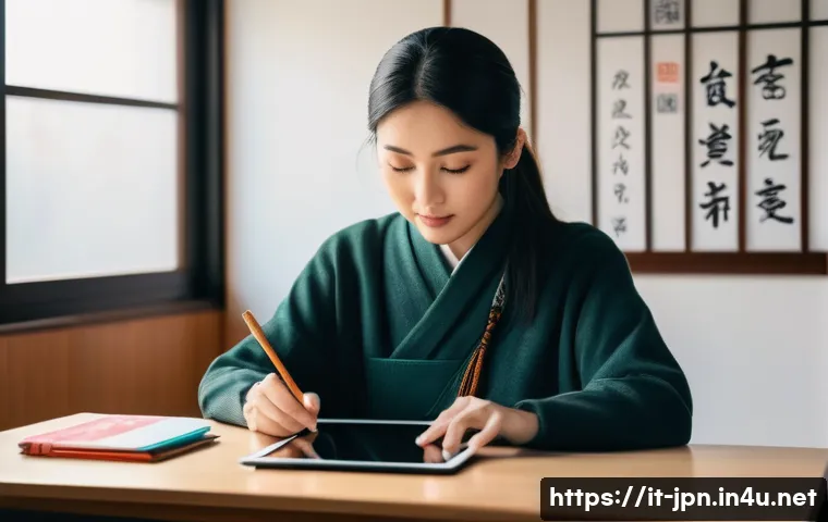 JLPT와 일본어 교육 연구 프로젝트 사례 - A modern digital classroom scene showing an Italian adult student using a tablet with a Japanese lan...