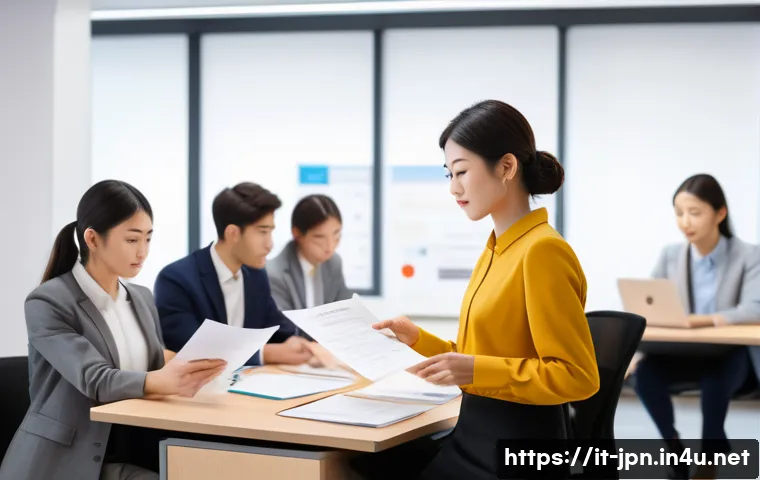 JLPT와 일본 내 직무와의 학문적 연계 - A professional Japanese office environment with diverse international employees collaborating on a p...