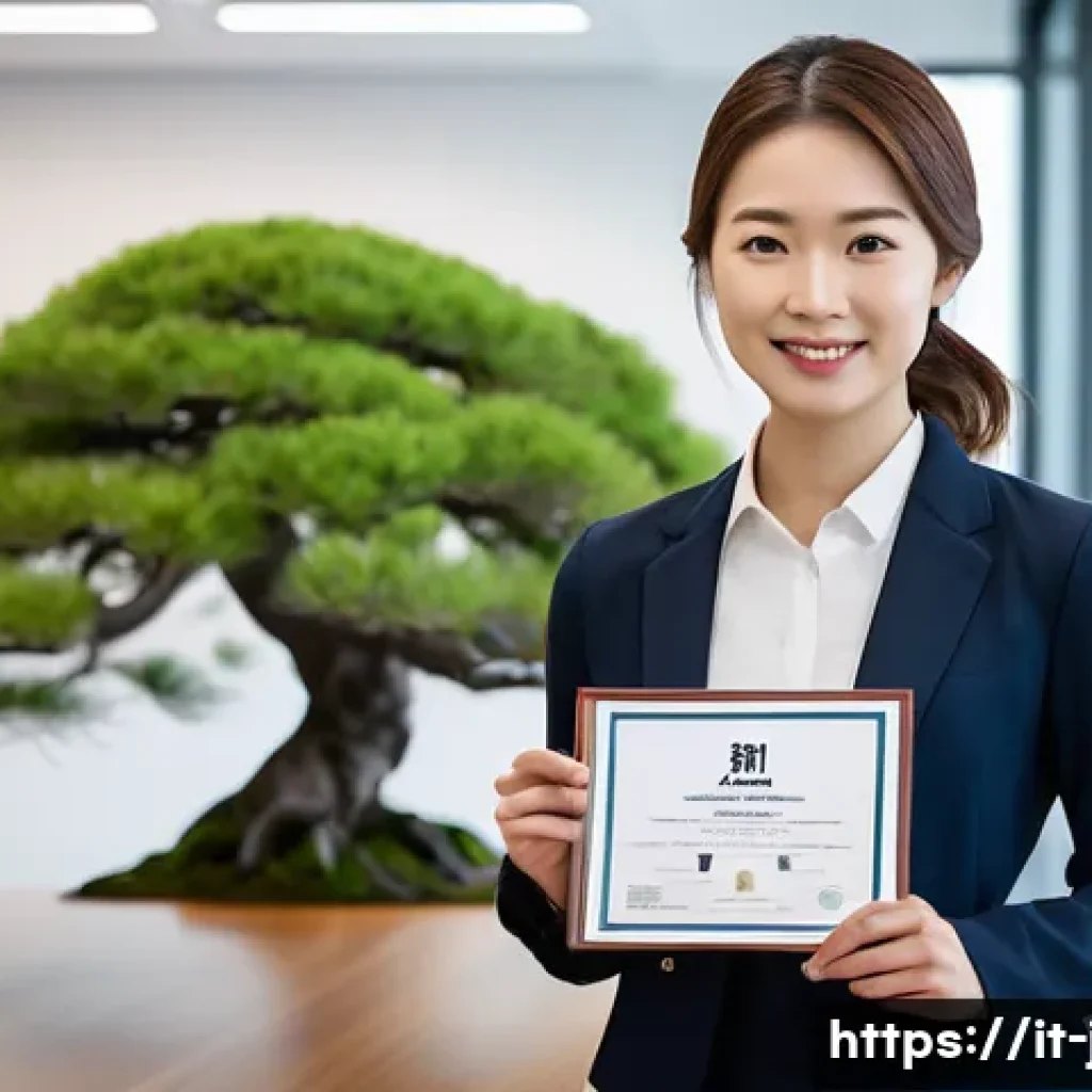 JLPT와 일본 내 인턴십 프로그램 - A professional young adult woman wearing business casual attire, confidently holding a JLPT N2 certi...