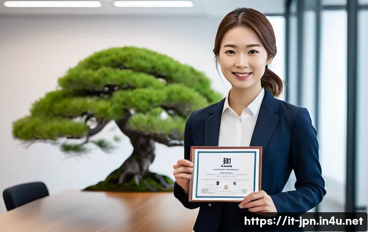 JLPT와 일본 내 인턴십 프로그램 - A professional young adult woman wearing business casual attire, confidently holding a JLPT N2 certi...