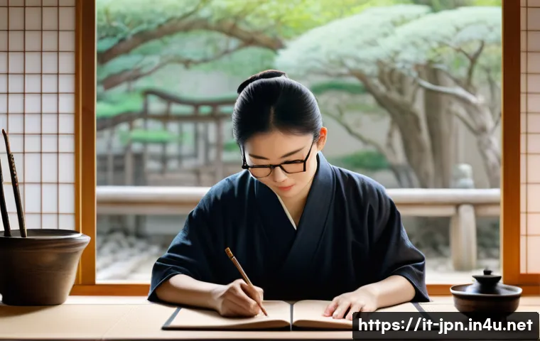 JLPT 시험과 일본어 필기체 공부법 - A cozy, well-lit study room with a neat desk featuring traditional Japanese calligraphy materials: b...