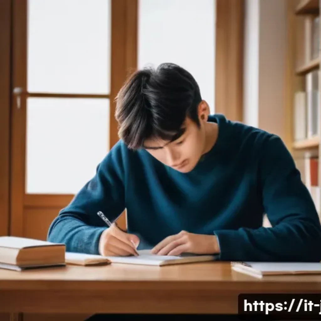 JLPT N1 시험 실전 사례 - A focused young adult student sitting at a tidy wooden desk in a cozy, well-lit Italian study room, ...