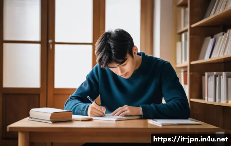 JLPT N1 시험 실전 사례 - A focused young adult student sitting at a tidy wooden desk in a cozy, well-lit Italian study room, ...