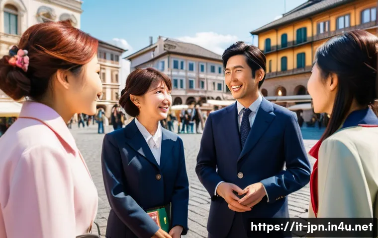 JLPT 자격증과 일본 내 관광 산업 진출 - A professional Italian tour guide in a stylish uniform interacting warmly with a group of Japanese t...