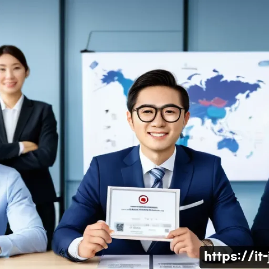 JLPT와 일본 내 고급 직무 진출 사례 - A professional Japanese office scene showing a confident international businessperson wearing formal...