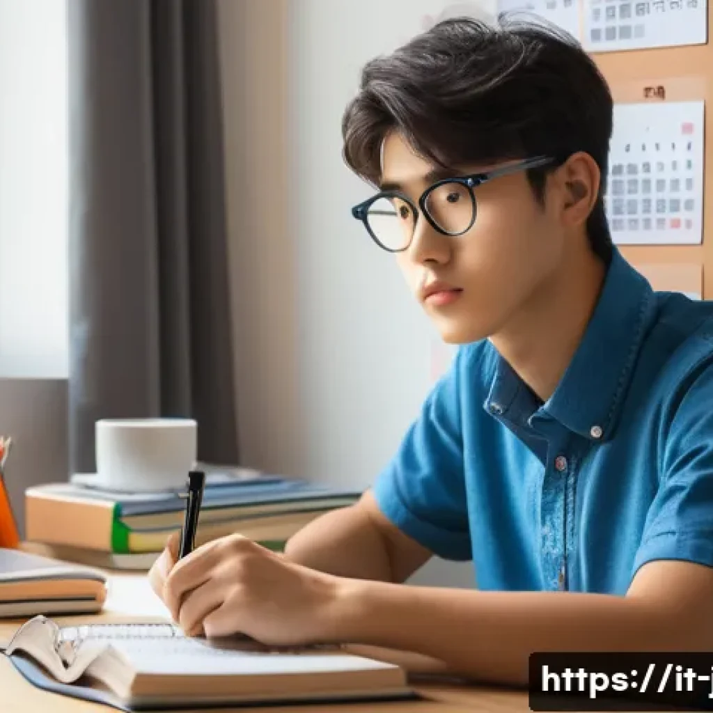 JLPT와 일본어 시험 응시자 성공 스토리 - A focused Italian student sitting at a tidy desk in a cozy study room, surrounded by JLPT textbooks,...
