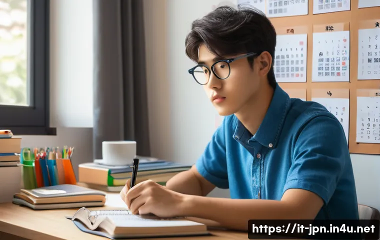 JLPT와 일본어 시험 응시자 성공 스토리 - A focused Italian student sitting at a tidy desk in a cozy study room, surrounded by JLPT textbooks,...