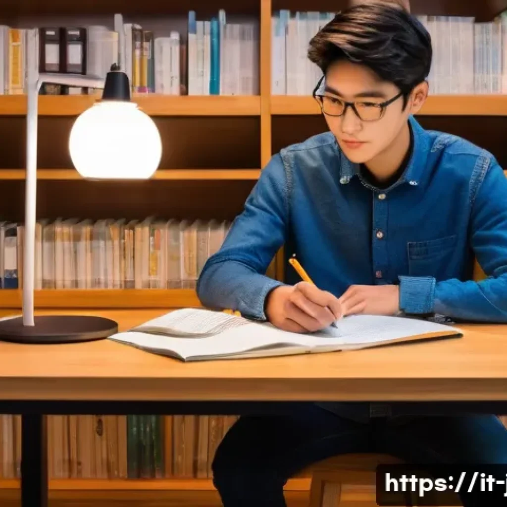 JLPT 문법 이해를 돕는 추천 강의 - A cozy study room scene featuring a young adult Italian learner sitting at a wooden desk with a lapt...