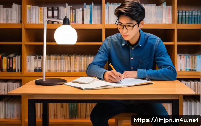 JLPT 문법 이해를 돕는 추천 강의 - A cozy study room scene featuring a young adult Italian learner sitting at a wooden desk with a lapt...