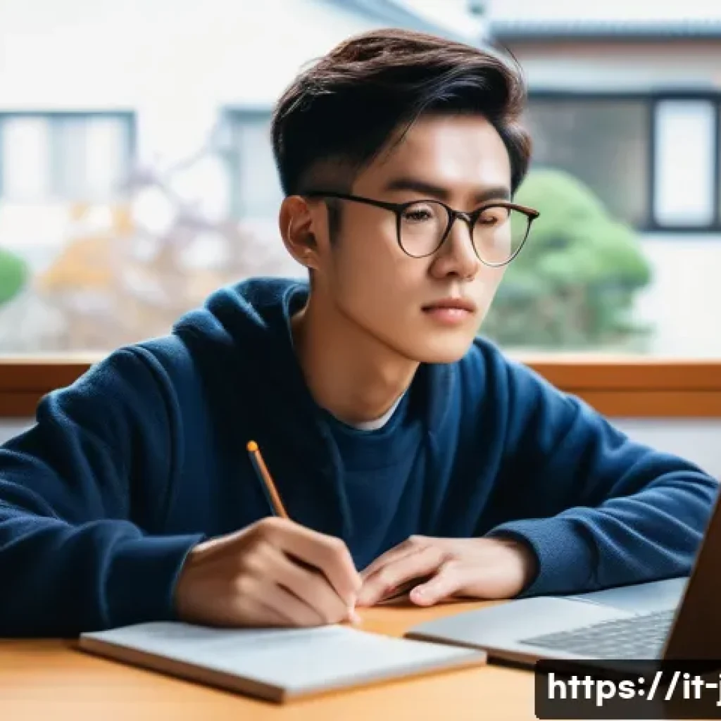 JLPT와 일본 내 유학의 차별화 - A focused young adult studying Japanese at home, surrounded by JLPT textbooks, flashcards, and a lap...