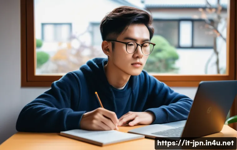 JLPT와 일본 내 유학의 차별화 - A focused young adult studying Japanese at home, surrounded by JLPT textbooks, flashcards, and a lap...