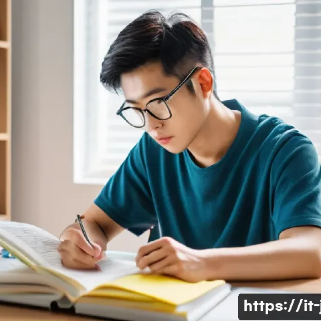 JLPT와 일본 내 국제 컨퍼런스 참석 사례 - A focused young adult studying Japanese at a tidy desk with textbooks, a laptop displaying JLPT prac...