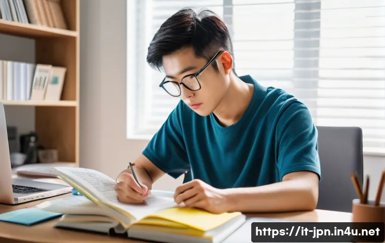 JLPT와 일본 내 국제 컨퍼런스 참석 사례 - A focused young adult studying Japanese at a tidy desk with textbooks, a laptop displaying JLPT prac...