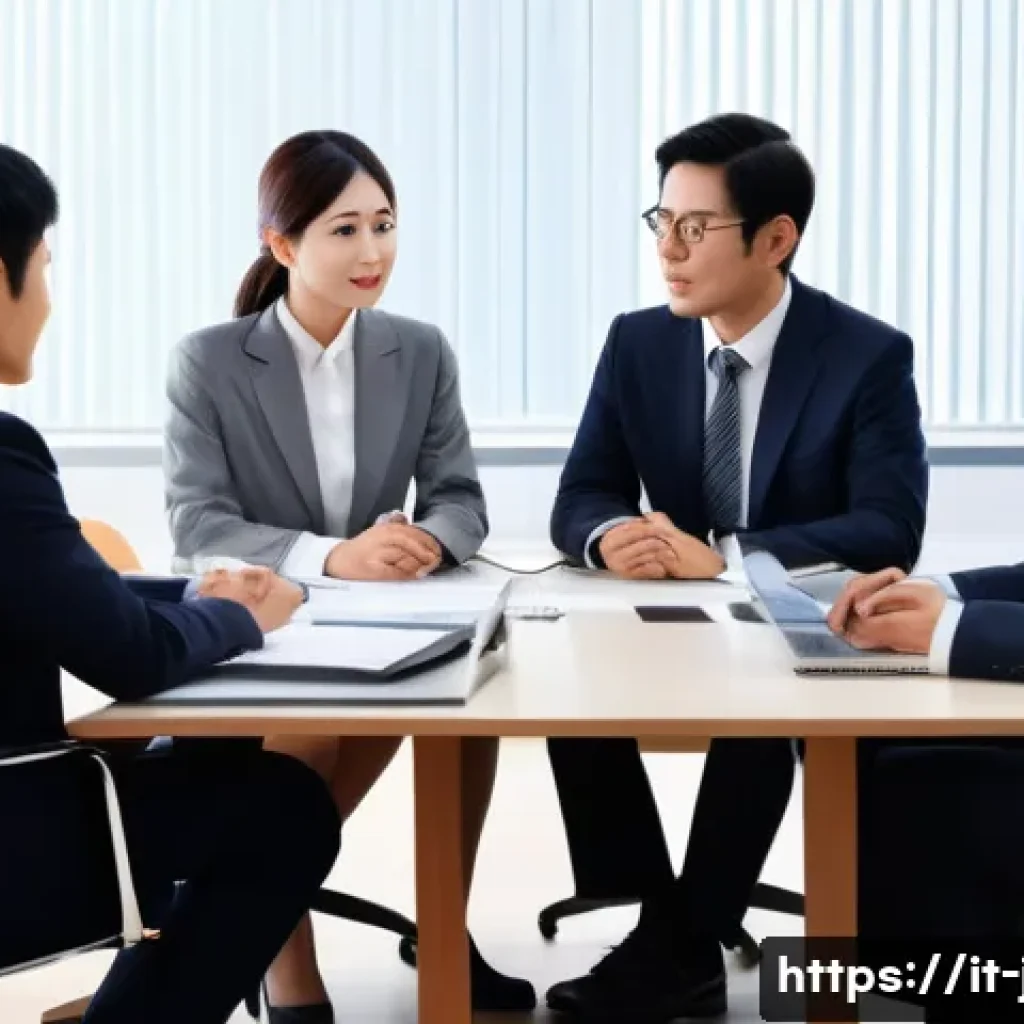 JLPT와 일본 내 직업군별 학습 전략 - A professional Japanese office meeting scene showing diverse colleagues engaged in discussion, with ...