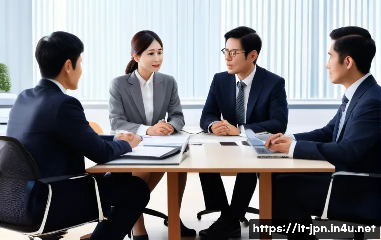JLPT와 일본 내 직업군별 학습 전략 - A professional Japanese office meeting scene showing diverse colleagues engaged in discussion, with ...