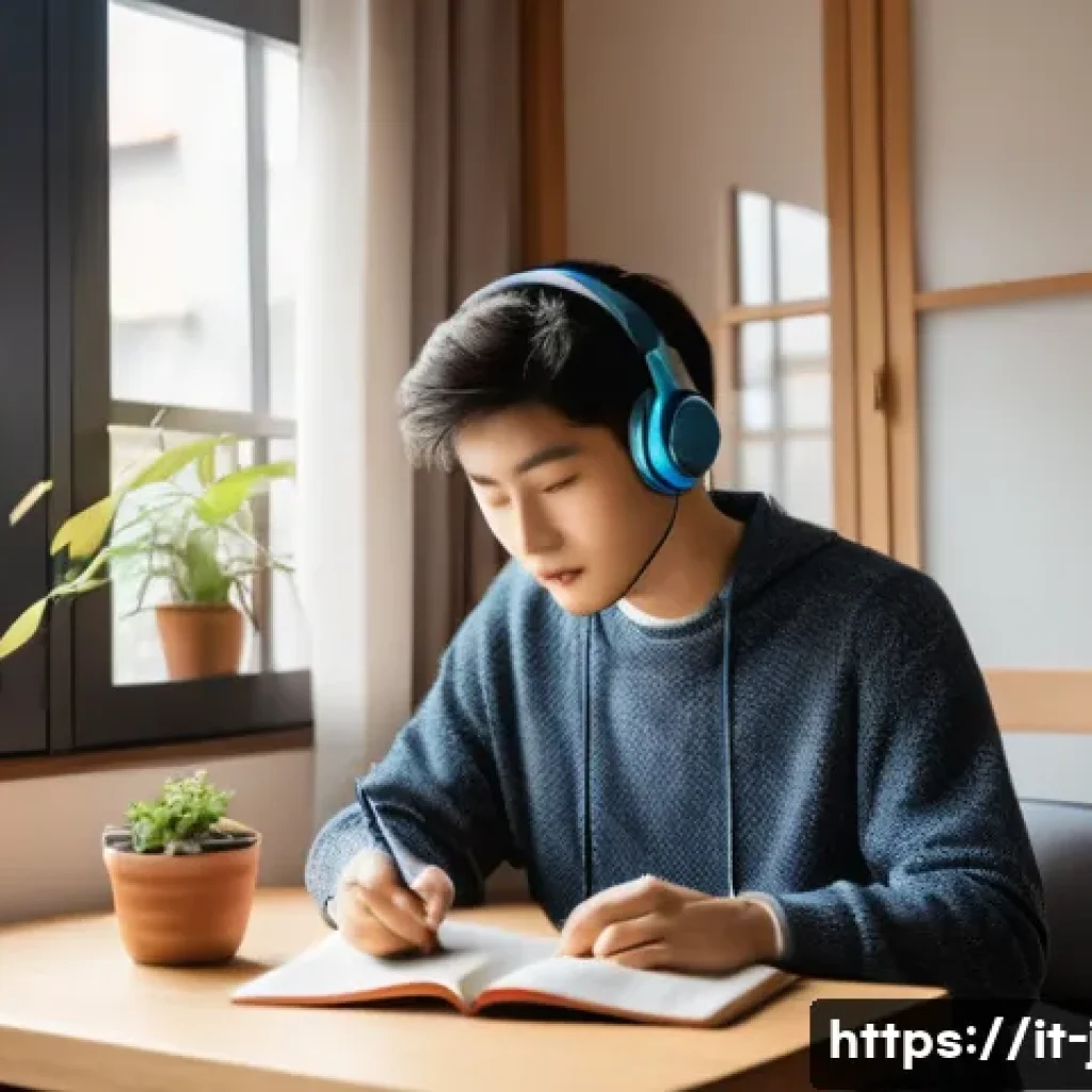 JLPT와 일본어 시험의 중급 학습법 - A cozy modern study room with a young Italian adult sitting at a wooden desk, surrounded by Japanese...