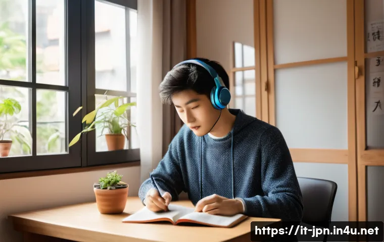JLPT와 일본어 시험의 중급 학습법 - A cozy modern study room with a young Italian adult sitting at a wooden desk, surrounded by Japanese...