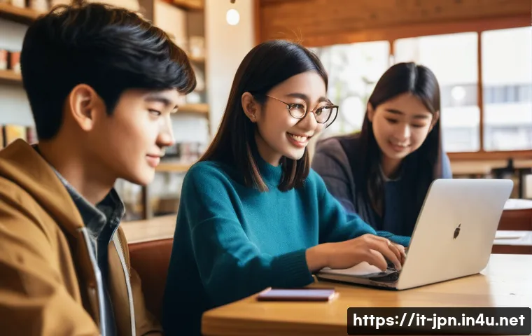 JLPT 스터디 그룹 운영 팁 - A vibrant and cozy study group setting in a modern Italian-style café, with young adult students sit...