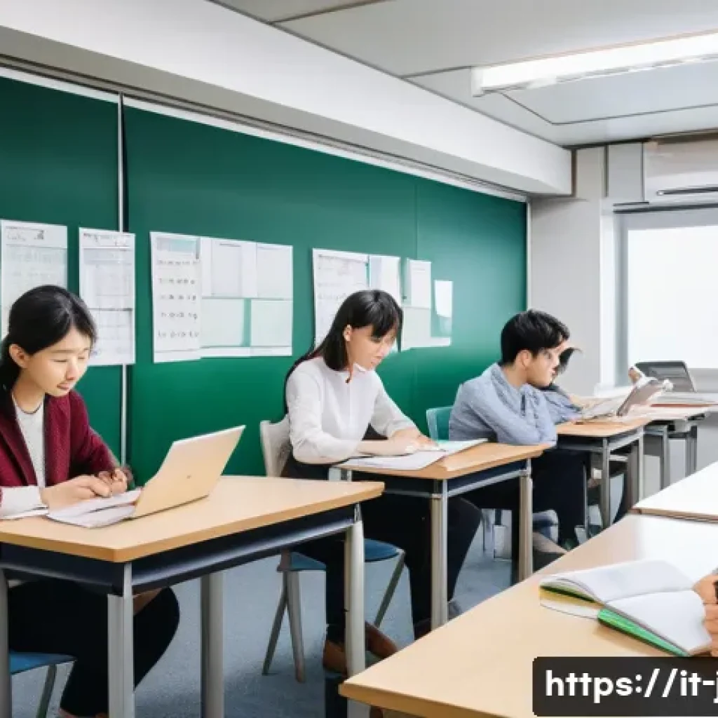 JLPT와 일본 대학 입학 조건 연관성 - A detailed classroom scene in a modern Japanese university setting, showing diverse international st...