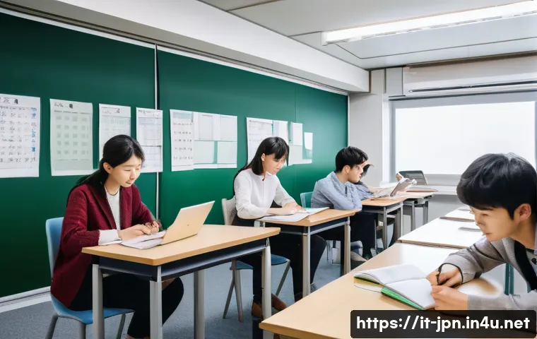 JLPT와 일본 대학 입학 조건 연관성 - A detailed classroom scene in a modern Japanese university setting, showing diverse international st...