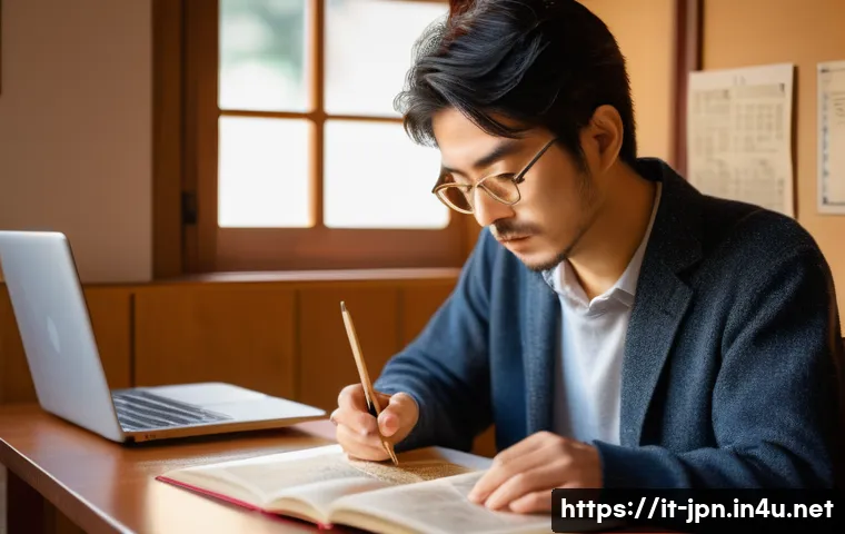 JLPT 시험 중 출제 오류 사례 및 대처법 - A focused study scene of an Italian adult learner preparing for the JLPT exam in a cozy home environ...
