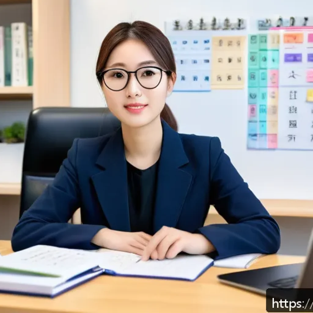 JLPT와 일본 내 취업 트렌드 - A professional young adult woman sitting at a modern office desk, studying Japanese language materia...