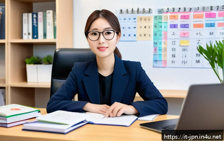 JLPT와 일본 내 취업 트렌드 - A professional young adult woman sitting at a modern office desk, studying Japanese language materia...