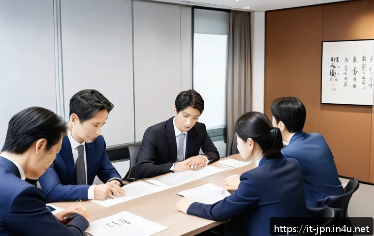 JLPT와 일본 내 직무와의 연계성 분석 - A professional office scene in Tokyo featuring a diverse group of international employees collaborat...